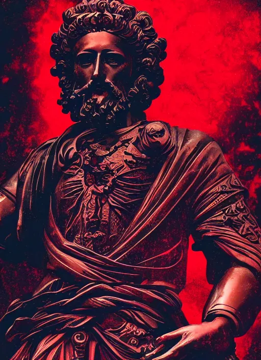 Image similar to black background with very subtle red and purple design elements, statue of marcus aurelius, powerful, nekro, graphic design, collage art, thin lines, dark, glitch art, neo vaporwave, gritty, layout frame, square, trending on artstation