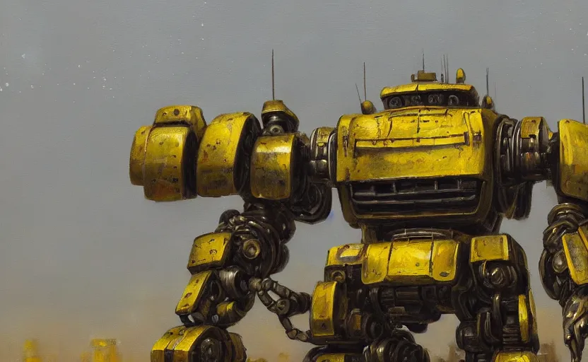 Prompt: an intricate oil painting of a giant armored plated metal mecha, croud, cars, by simon stalenhag, rust, yellow and black trim, trending on artstation, hdr, 8 k