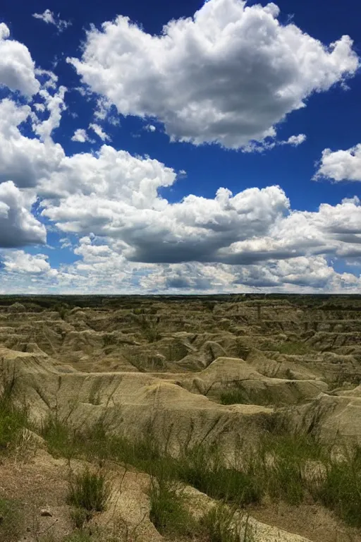 Prompt: summer fantasy woodlands badlands puffy skies