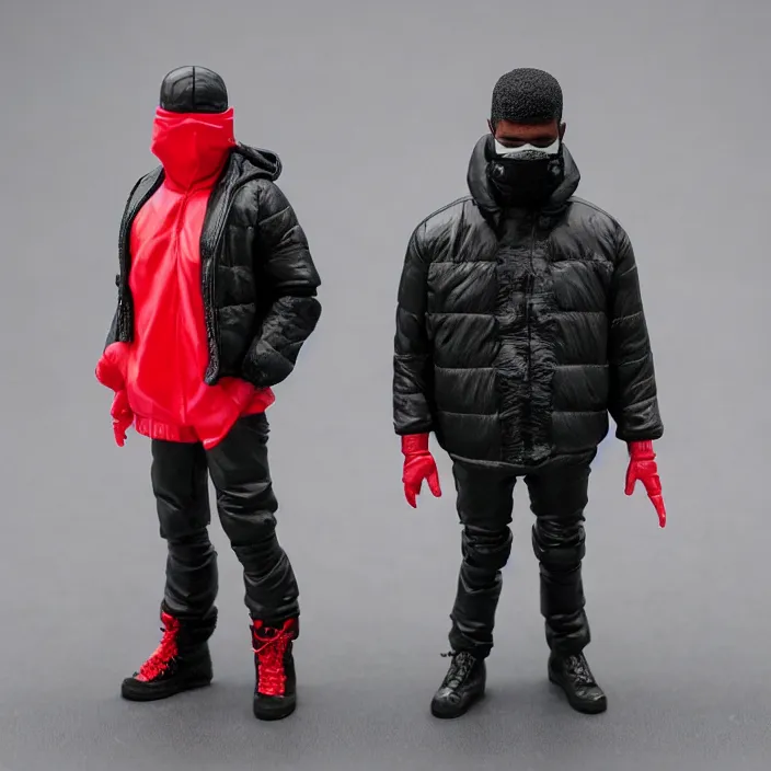 Image similar to a action figure figure of kanye west using a full face covering black mask, a small, tight, undersized reflective bright red round puffer jacket made of nylon, dark jeans pants and big black balenciaga rubber boots, figurine, detailed product photo