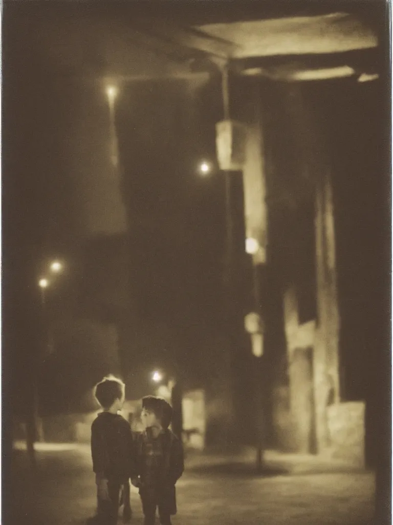 Image similar to a boy and a girl posing for a picture at night, rural area, town square, dimly lit, old polaroid