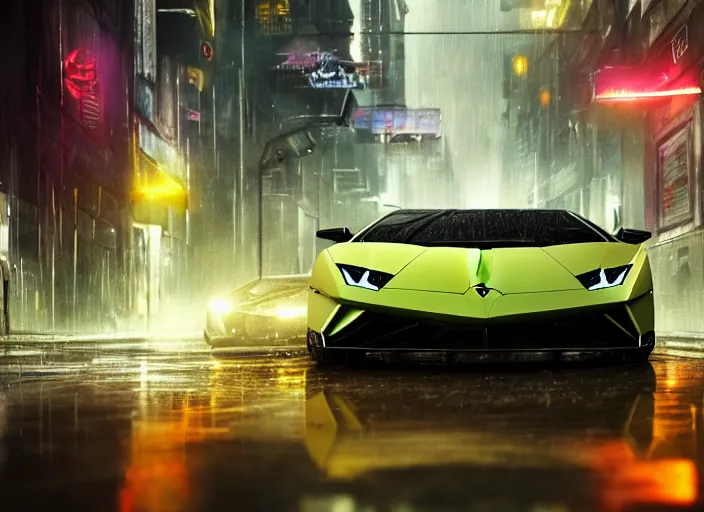 Image similar to Photo of Futuristic Lamborghini supercar on wet city streets by craig mullins and James Gurney, hyperdetailed, dramatic camera angle, octane render 8k,cyberpunk, neon, photorealistic