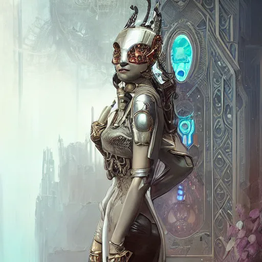 Image similar to a cyborg empress with mask, art nouveau ivory accessories, cyberpunk, darksynth, luxury, concept art by jama jurabaev, extremely detailed, ominous, ethereal, artstation, andree wallin, edvige faini, balaskas, alphonse mucha, symmetry