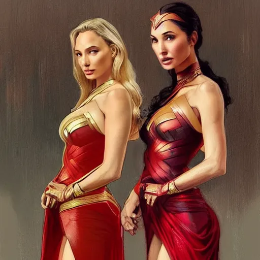 Prompt: lindsey pelas and gal gadot wearing a red kebaya, digital painting, artstation, concept art, sharp focus, illustration, art by artgerm and greg rutkowski and alphonse mucha