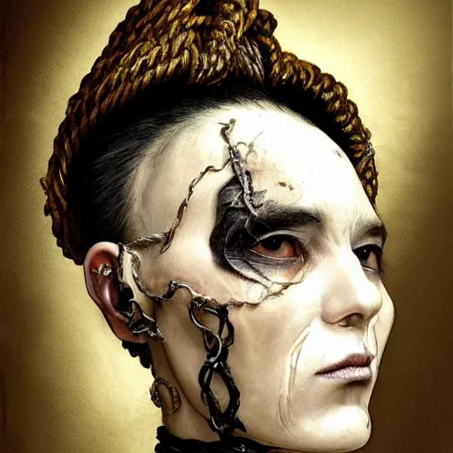 Image similar to portrait of a Shibari rope wrapped face and neck, headshot, black painted face, insanely nice professional hair style, dramatic hair color, digital painting, of a old 15th century, old cyborg merchant, amber jewels, baroque, ornate clothing, scifi, realistic, hyperdetailed, chiaroscuro, concept art, art by Franz Hals and Jon Foster and Ayami Kojima and Amano and Karol Bak,