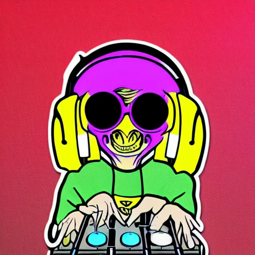 Image similar to svg sticker of a Pop-Wonder Alien-Bog-Monster-Swamp-Rat-Thunder-Coot-Racing-Fan at a rave, spinning records, giant headphones rocking out, wearing headphones, huge speakers, dancing, rave, DJ, spinning records, digital art, amazing composition, rule-of-thirds, award-winning, trending on artstation, featured on deviantart