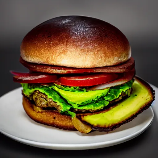Image similar to a hamburger with 2 kilograms of avocado, 8 k resolution, amazing food photography