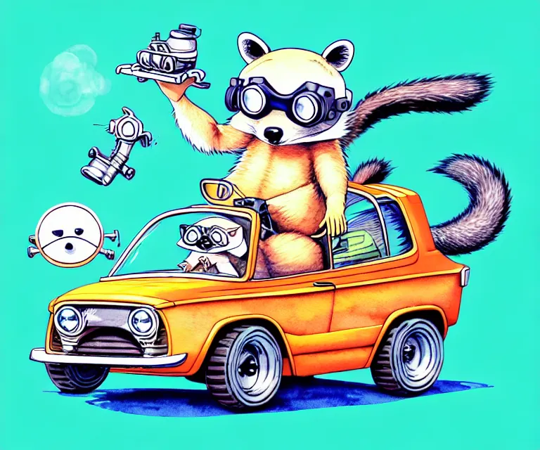 Prompt: cute and funny, racoon wearing goggles riding in a tiny hot rod with an oversized engine, ratfink style by ed roth, centered award winning watercolor pen illustration, isometric illustration by chihiro iwasaki, edited by range murata, tiny details by artgerm and watercolor girl, symmetrically isometrically centered, sharply focused