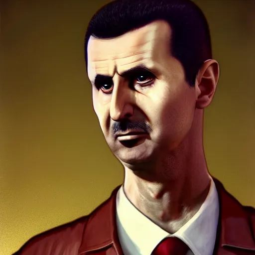 Prompt: bashar al - assad, 3 d character art, wearing basketball jersey, cinematic lighting symmetrical facial features, from arknights, hyper realistic, 4 k, rule of thirds, extreme detail, detailed drawing, trending artstation, realistic lighting, by alphonse mucha, greg rutkowski, short neck