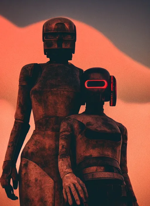 Prompt: cinestill 5 0 d f / 3 2 3 5 mm photographic portrait of two loving female androids wearing rugged black techwear on a desolate plain with a brutalist monument and a red sky, extreme closeup, cyberpunk style, dust storm, 8 k, hd, high resolution, ultra realistic faces, ex machina