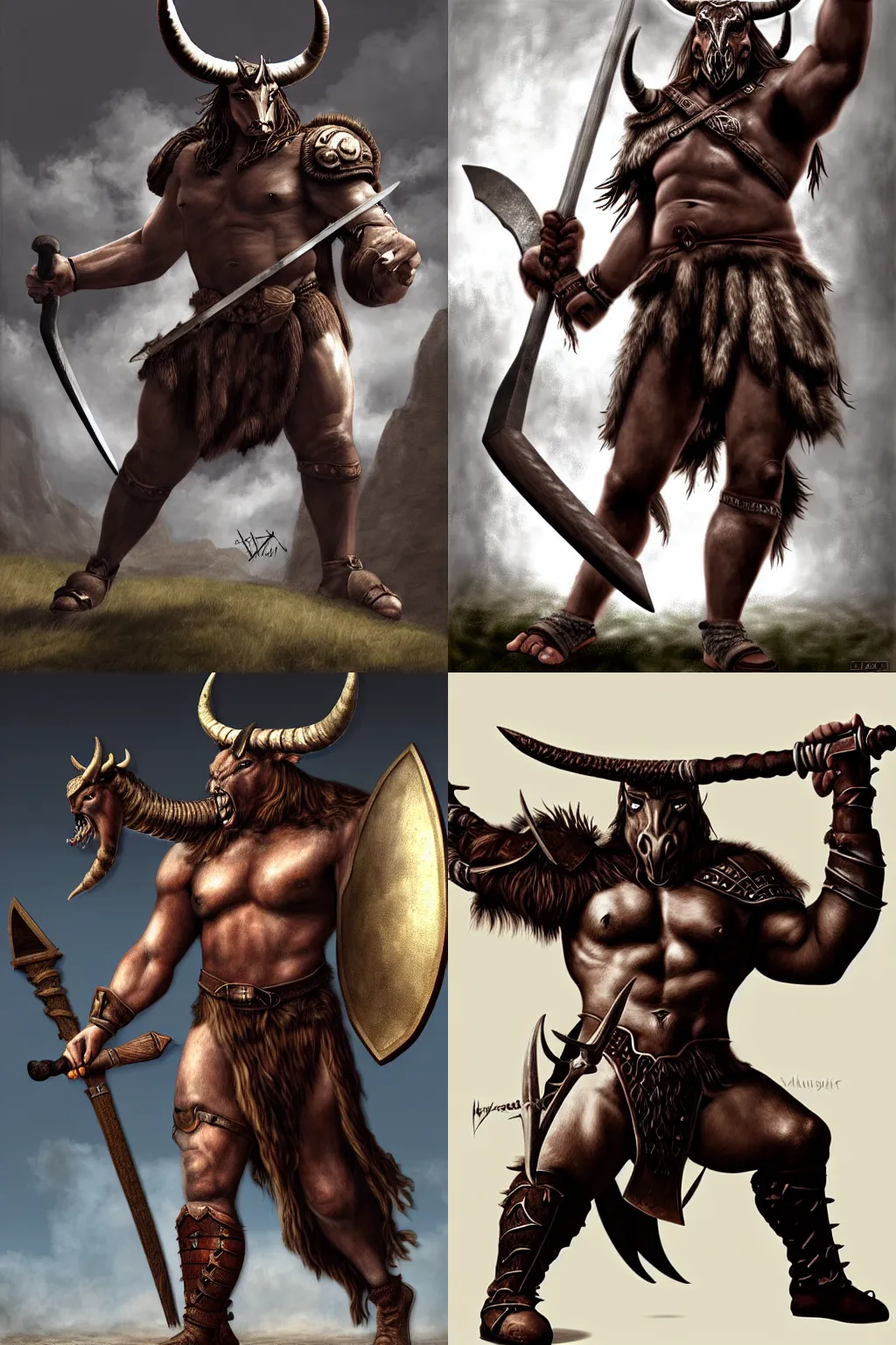 Image similar to Giant horned minotaur warrior with two handed axe, leather armor, full body, muscular, dungeons and dragons, hyperrealism, high details, digital painting, dark fantasy