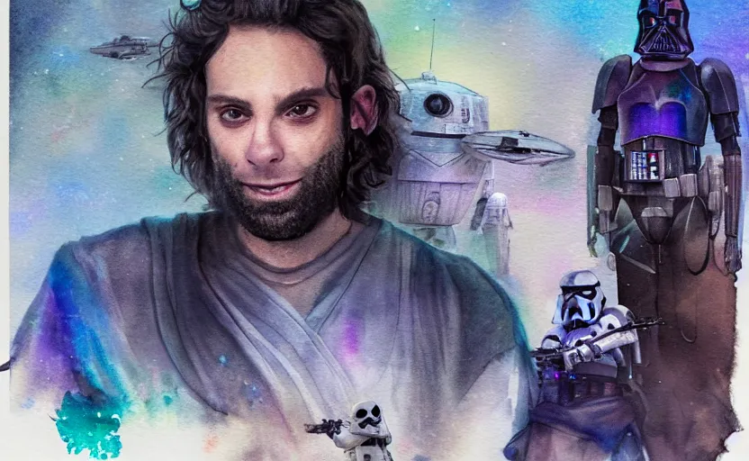 Prompt: a realistic star wars watercolor fantasy concept cart of chris d'elia as a drug dealer in a sleazy futuristic city of coruscant, hq, 4 k