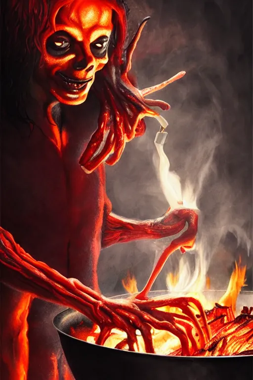 Prompt: michael jackson cooking a bbq as a demon in hell, anatomy, bathed in light, highly detailed, photorealistic, artstation, smooth, sharp focus, illustration, unreal engine 5, 8 k, art by artgerm and greg rutkowski and edgar maxence