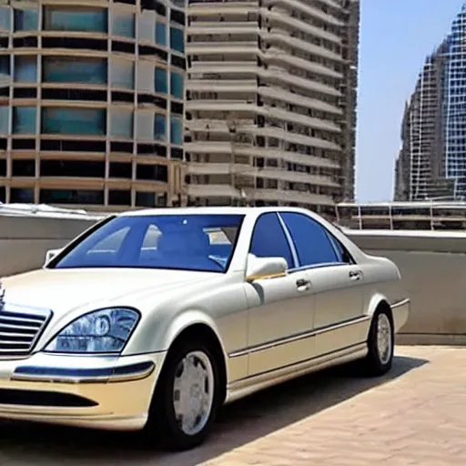 Image similar to gold Mercedes-Benz s500 long in the body 220 (w220) 2002 old year is on the roof of a high-rise building in abu dhabi