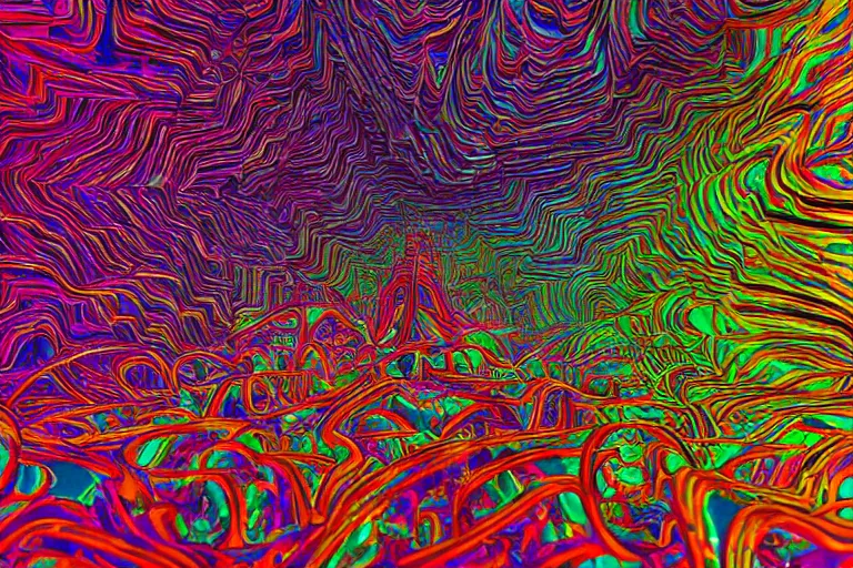 Prompt: a trippy illustration of interleaved pipes of multicoloured metallic plasticine fractals enclosed by a crystalline dome. dmt, machine elves, 8 k, octane render