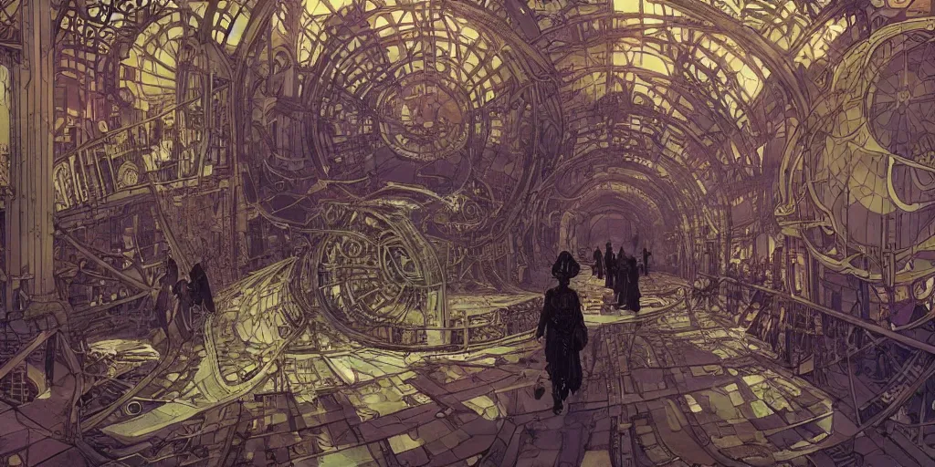 Image similar to wide angle view on steampunk airplane hallway, kid and mad scientist walking, giant video screens, sci - fi, big interior plants, retrofuturism, concept art by mucha and moebius and victo ngai, architecture by francois schuiten, clean line, diesel punk, artstation