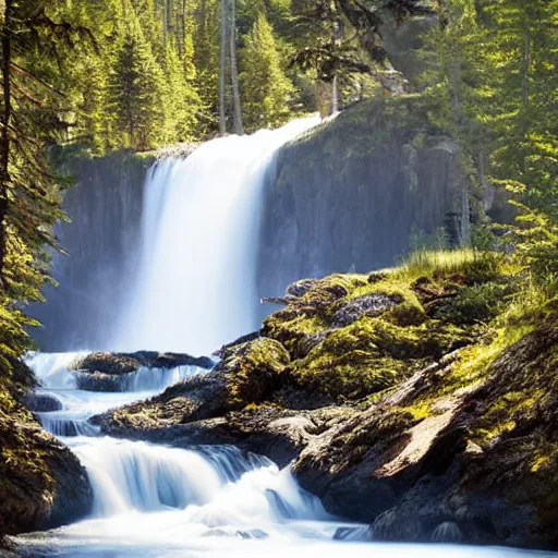 Image similar to walking into a very tall majestic Norwegian waterfall::2 creek, rocks, trout fish, pine and birch trees::1.8 realistic vegetation, realistic material textures, sunny, photorealistic, high speed photography, highly detailed, cinematic lighting, god rays, raytracing reflections, vray render, first person view