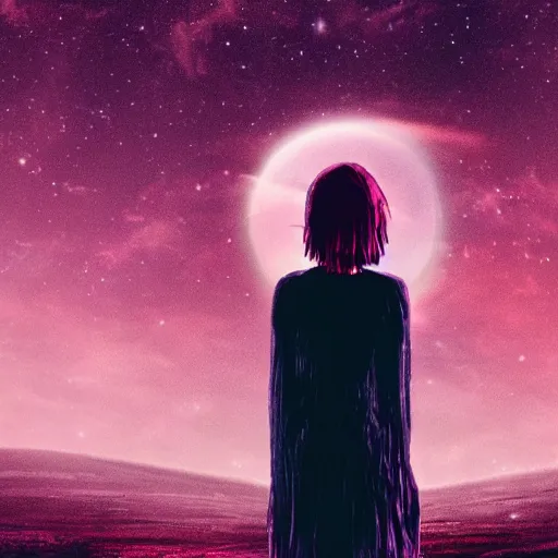 Image similar to A sad spiritual witch standing on a deserted planet looking at camera, distant background, red lighting, ominous, moonlight, bokeh, detailed face synthwave, psychedelic, glitch, acrylic, flooko, detailed,