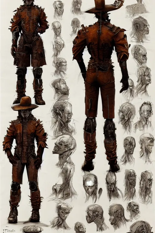 Prompt: character design, reference sheet, 40's robotic human, optimistic, rusty, straw hat, heavy boots, leather bomber jacket, detailed, concept art, realistic, hyperdetailed, , art by Frank Frazetta