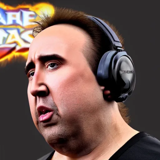 Image similar to obese nicolas cage wearing a headset yelling at his monitor while playing WoW highly detailed wide angle lens 10:9 aspect ration award winning photography