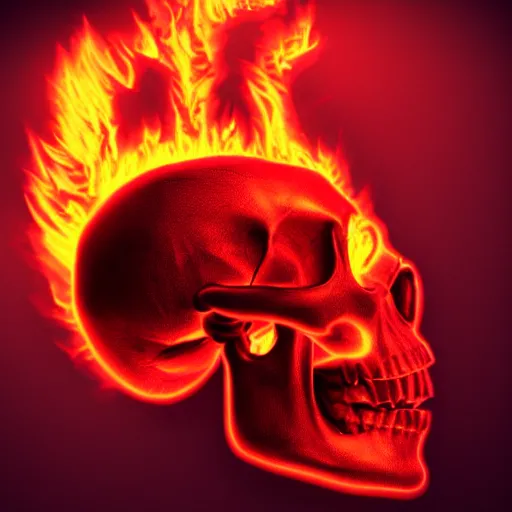 Image similar to a highly detailed human skull on fire in front of a glowing red background, 3 d, highly detailed, digital art, artstation, concept art, initimate lighting, strong bokeh, trending