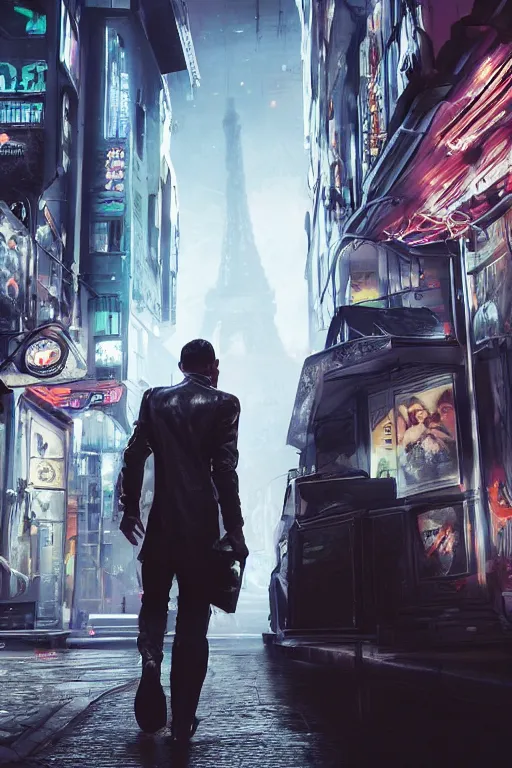 Prompt: in the foreground a Parisian street, in the background a dark-haired man from behind playing with swirls of energy coming out hands wearing a long matrix-style jacket, realistic, high definition, many details, dramatic scene, detailed hands and realistic, symmetrical face, realistic eyes, cyberpunk art 2077