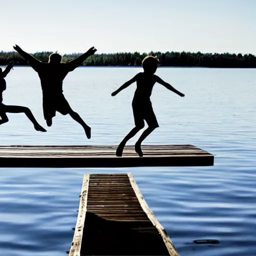 Prompt: family jumping off a dock into lake silhouette