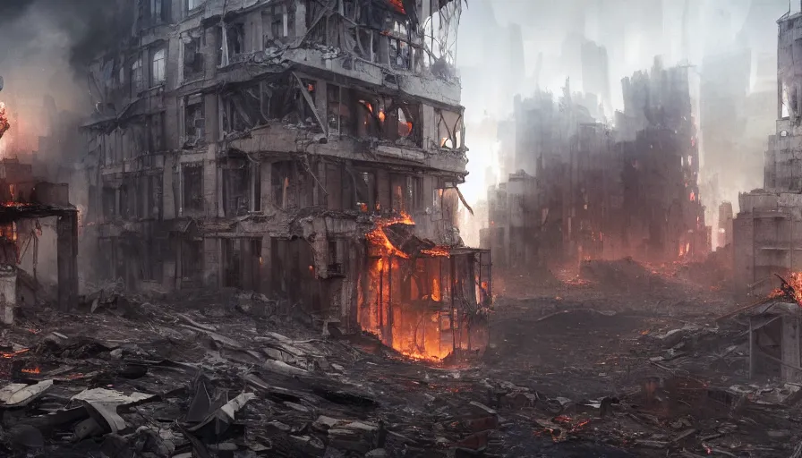 Prompt: A damaged building still standing in the middle of a destroyed city with lots of fire and ashes, hyperdetailed, artstation, cgsociety, 8k