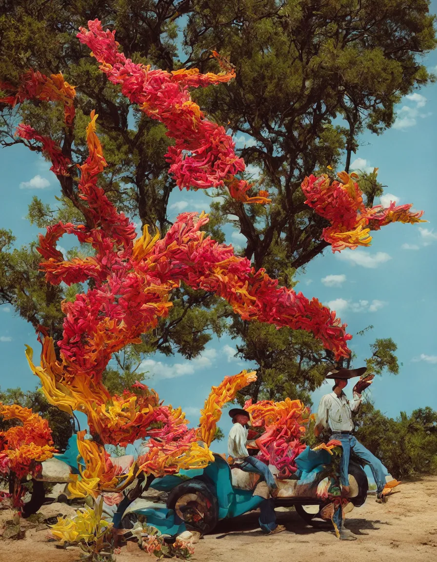 Image similar to a cowboy turning into blooms by slim aarons, by zhang kechun, by lynda benglis. tropical sea slugs, angular sharp tractor tires. complementary bold colors. warm soft volumetric dramatic light. national geographic. 8 k, rendered in octane, smooth gradients. angular sculpture by michelangelo.