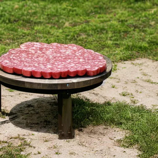 Image similar to a round salami bench, studio photography, 5 0 mm