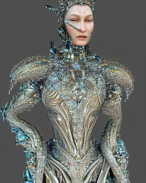 Image similar to a highly detailed metahuman 4 k close up render of an alien goddess bella hadid as goddess in iris van herpen dress schiaparelli in diamonds crystals swarovski and jewelry iridescent in style of alphonse mucha gustav klimt trending on artstation made in unreal engine 4