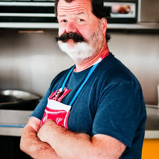 Prompt: a portrait photograph of a bob belcher 4 9 - year - old burger cook, canon 8 5 mm f 1. 2 photograph head and shoulders portrait