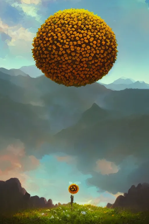 Image similar to giant daisy flower head, in the mountains, surreal photography, sunrise, dramatic light, impressionist painting, colorful clouds, digital painting, artstation, simon stalenhag