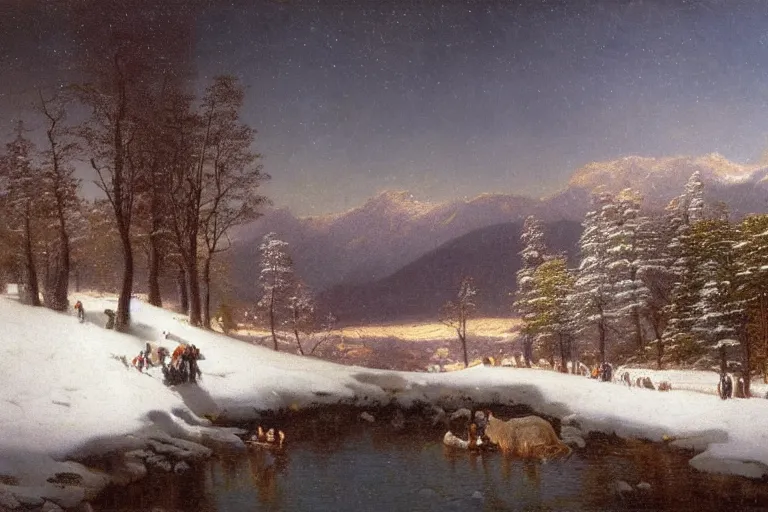 Image similar to mountains, trees, beautiful nature, winter, night, stars, snow, very detailed, focused, oil painting, colorful, canvas, artstation, Sydney Mortimer Laurence, Albert Bierstadt, Theodor Kittelsen, Hans Dahl