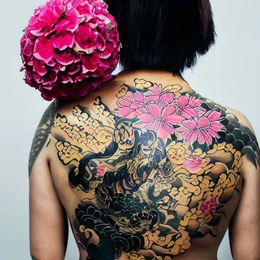 Image similar to photography of the back of a woman with a black detailed irezumi tatto representing a gold tiger with pink flowers on her entire back, mid-shot, editorial photography