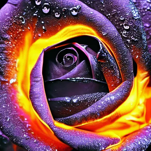 Image similar to award - winning macro of a beautiful black rose made of glowing molten magma