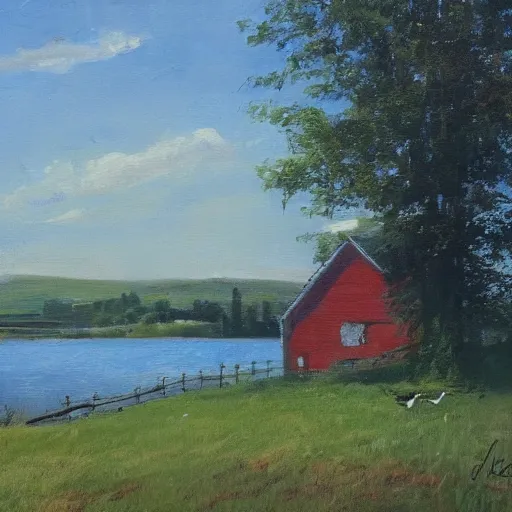 Prompt: farmhouse beside a lake, felix Kelly, trending on artstation