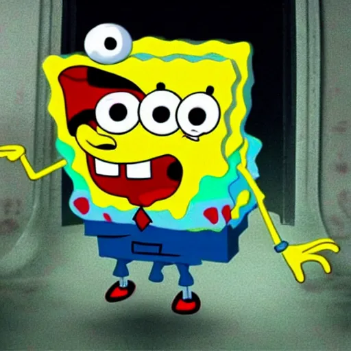 Image similar to spongebob squarepants, evil!!!!!!! sharp teeth, horror, realistic, human like