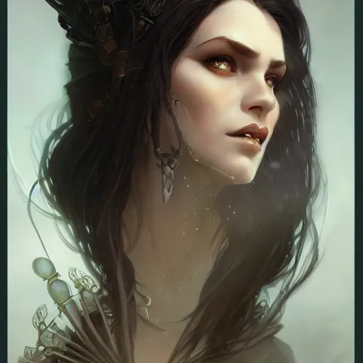 Prompt: Female witch closeup, D&D, fantasy, intricate, elegant, highly detailed, digital painting, trending on artstation, concept art, illustration, art by Artgerm and Greg Rutkowski and Alphonse Mucha