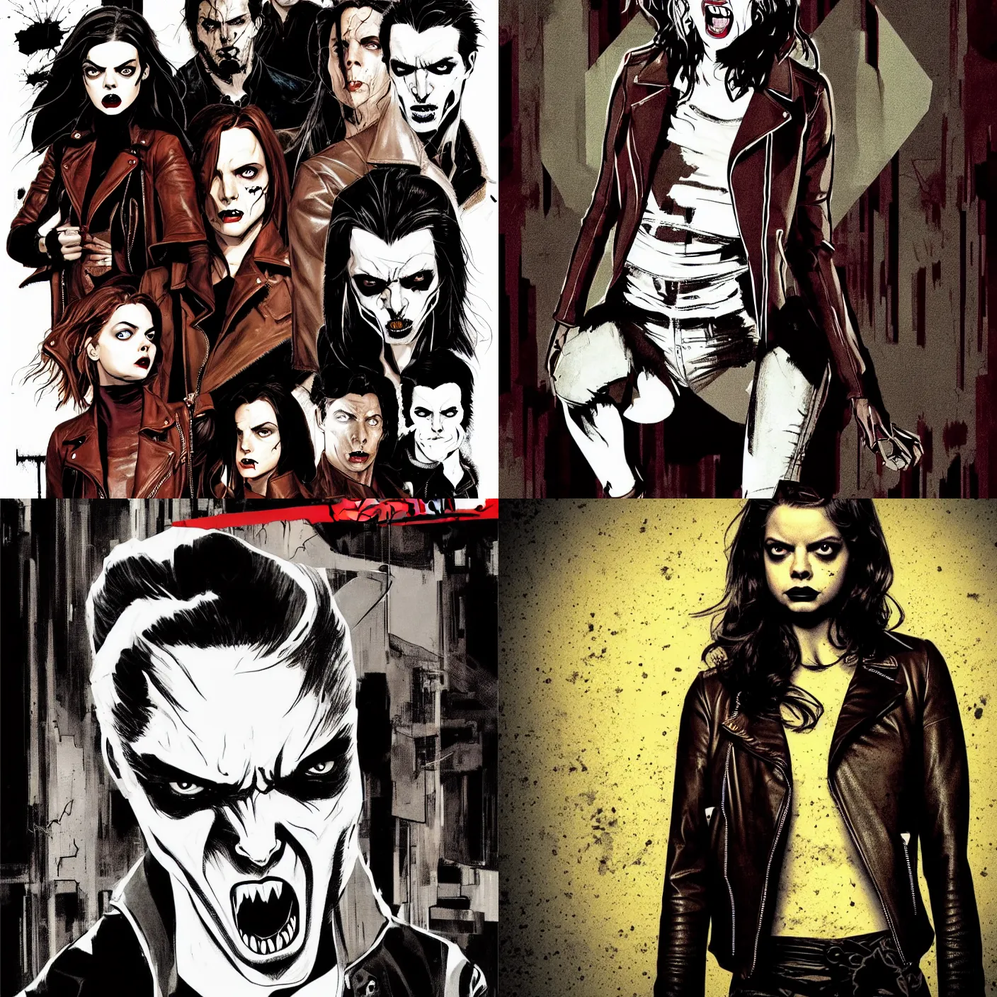 Prompt: in the style of Rafael Albuquerque comicbook cover art, Samara Weaving vampire, sharp teeth grin, perfect Symmetrical face, sarcastic, brown leather jacket, in an abandoned warehouse, surrounded by vampires