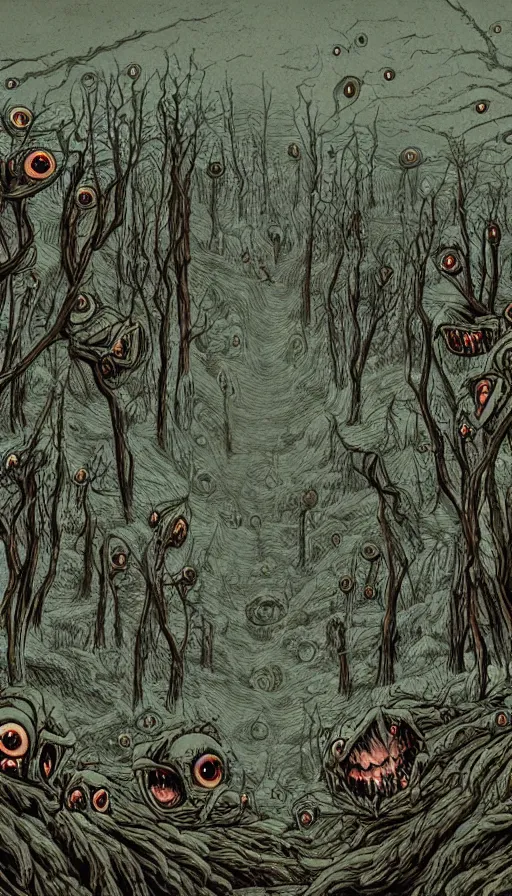 Image similar to a storm vortex made of many demonic eyes and teeth over a forest, by wes anderson,