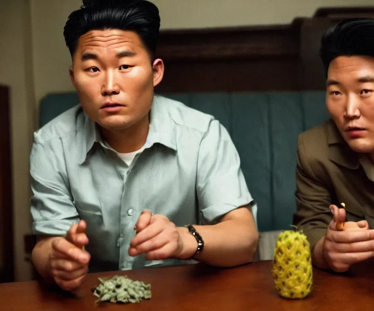 Image similar to hyperralism pineapple express movie still photography of real detailed north korean kim chen with detailed face smoking detailed weed in detailed basement bedroom