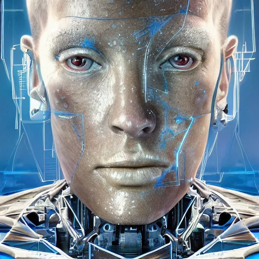 Image similar to hyperrealistic mixed media portrait of a Robot of Lex Friedman forward angle, stunning 3d render inspired art by P. Craig Russell and Barry Windsor-Smith + perfect facial symmetry + dim volumetric lighting, 8k octane beautifully detailed render, post-processing, extremely hyperdetailed, intricate futuristic mechanic parts, epic composition, grim yet sparkling atmosphere, cinematic lighting + masterpiece, trending on artstation