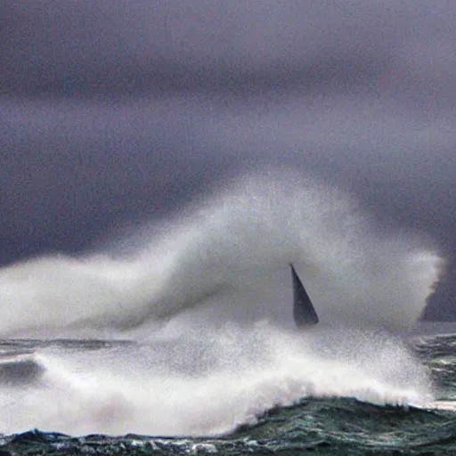 Image similar to sailing boat in storm, dramatic sunrise, huge waves, mosaic,