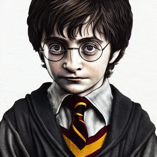 Image similar to a close up portrait of harry potter as a child, art station, highly detailed, concept art, sharp focus, illustration in pen and ink, wide angle, by Kentaro Miura