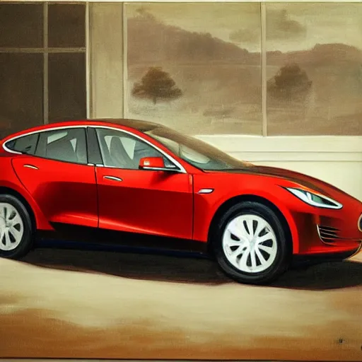 Prompt: telsa electric car, painting by raphael