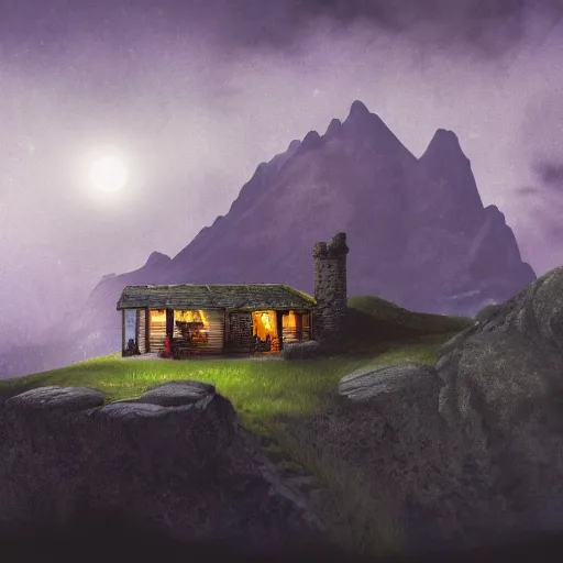 Prompt: matte painting of a little inn at the foot of a mountain at night