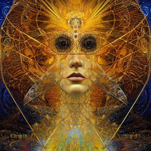 Image similar to Divine Chaos Engine by Karol Bak, Jean Deville, Gustav Klimt, and Vincent Van Gogh, sacred geometry, visionary, mystic, spiritual, fractal structures, ornate gilded medieval icon, third eye, spirals