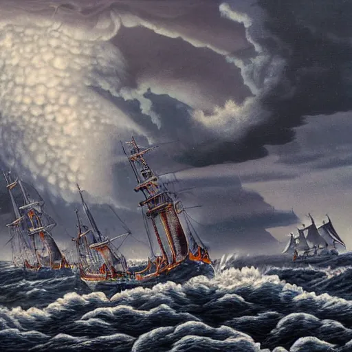 Image similar to a highly detailed hyperrealistic scene of a ship being attacked by giant squid tentacles, jellyfish, squid attack, dark, voluminous clouds, thunder, stormy seas, pirate ship, dark, high contrast