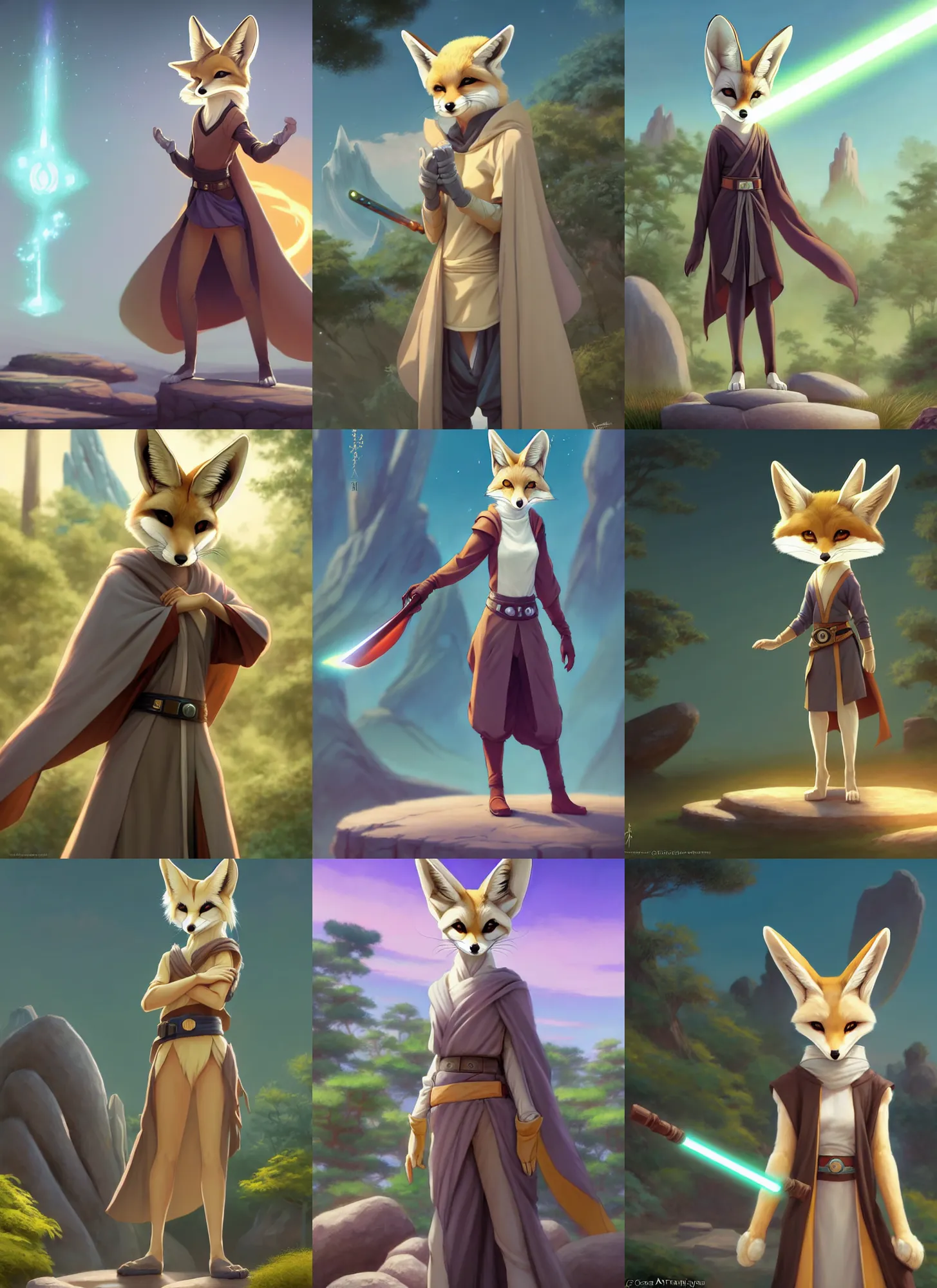 Prompt: wide angle beautiful full body portrait of a strong female anthropomorphic anthro fennec fursona wearing jedi robes at a zen garden. character design by disney, anime, manga, charlie bowater, ross tran, artgerm, and makoto shinkai, detailed, soft lighting, rendered in octane